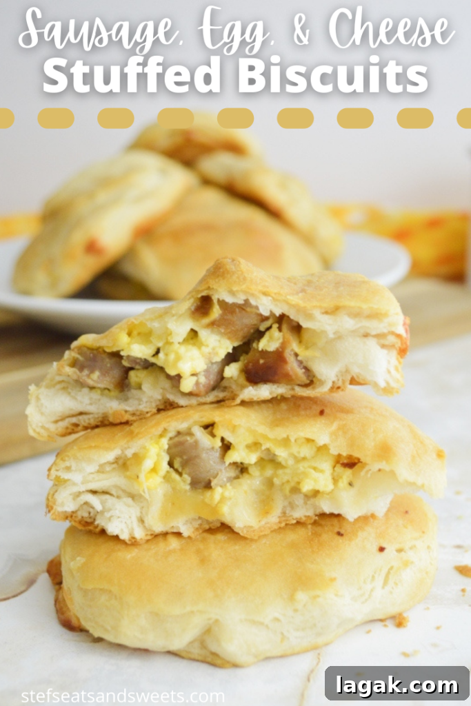 sausage egg and cheese stuffed biscuit pinterest image with text