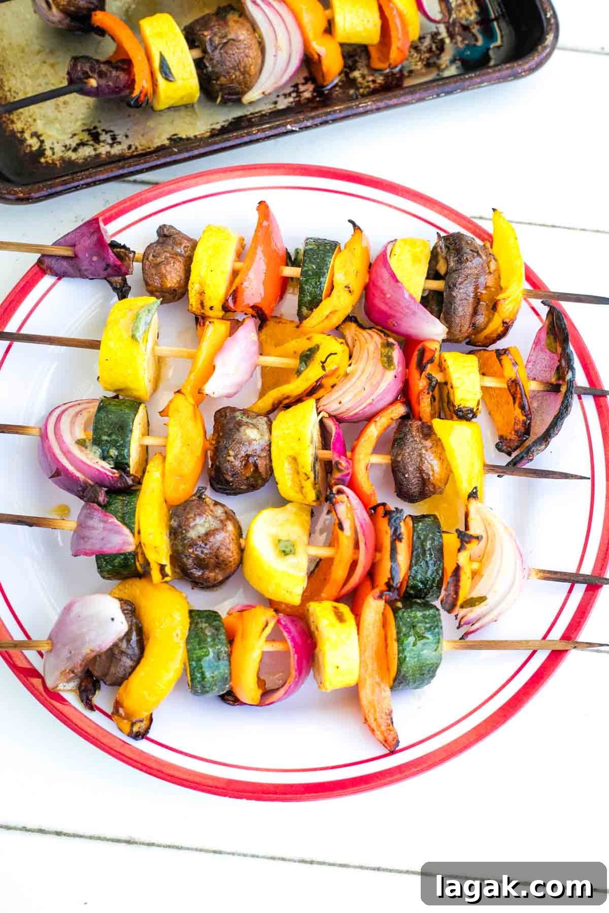 Skewers of colorful vegetables that have been grilled. 