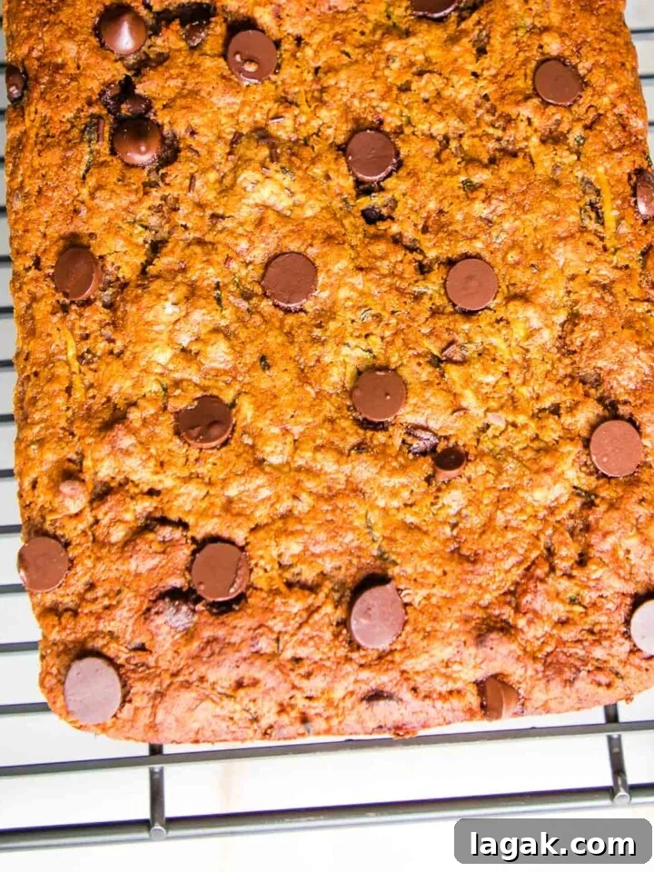 Chocolate Chip Zucchini Bread cooling on a wire rack on a white countertop.