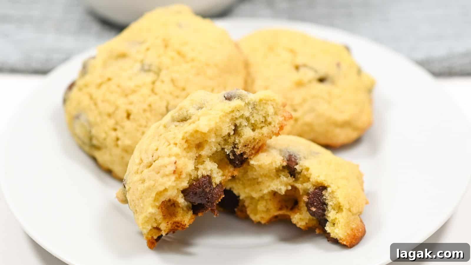 29 Party-Worthy Treats That Won’t Leave Leftovers 20 A plate with freshly baked chocolate chip cookies, one cookie is broken in half to show the soft inside.