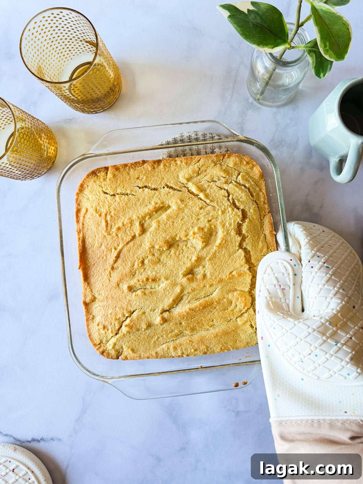 gluten free cornbread in a baking dish. 