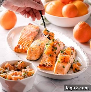 Broiled Salmon with Citrus Red Onion Salsa on Platter
