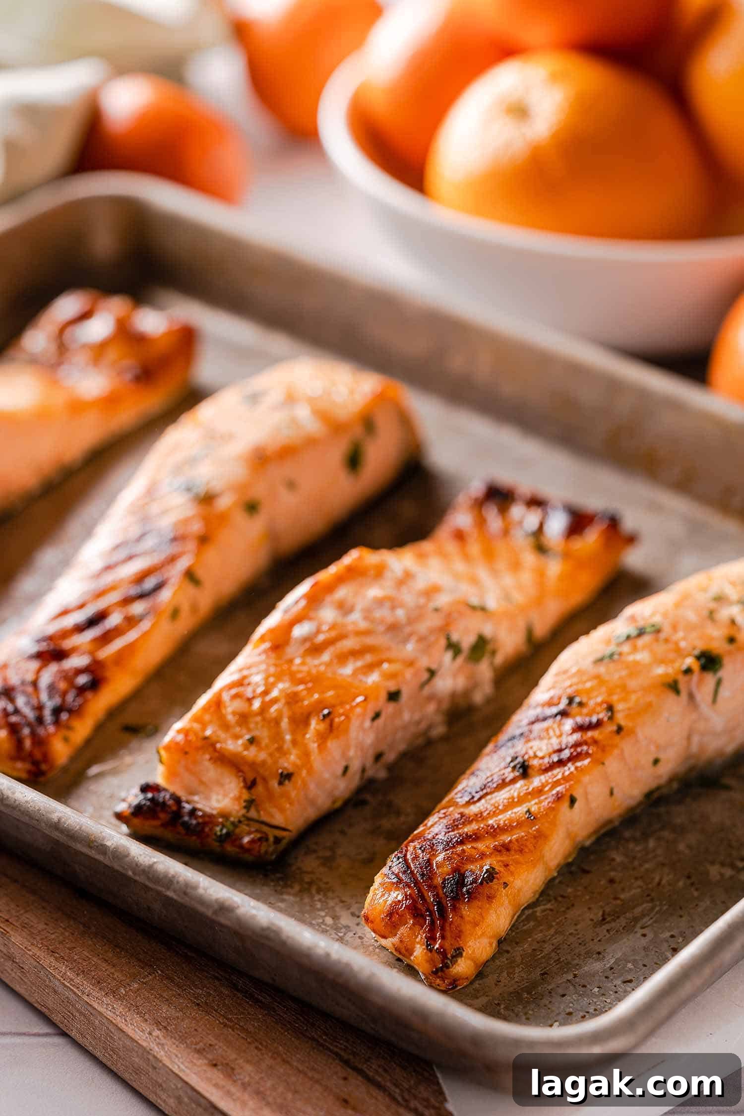 broiled salmon on baking sheet