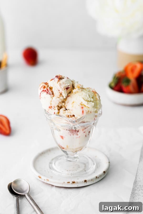 No-Churn Strawberry Cheesecake Ice Cream Recipe 4 strawberry cheesecake ice cream in a glass ice cream cup.