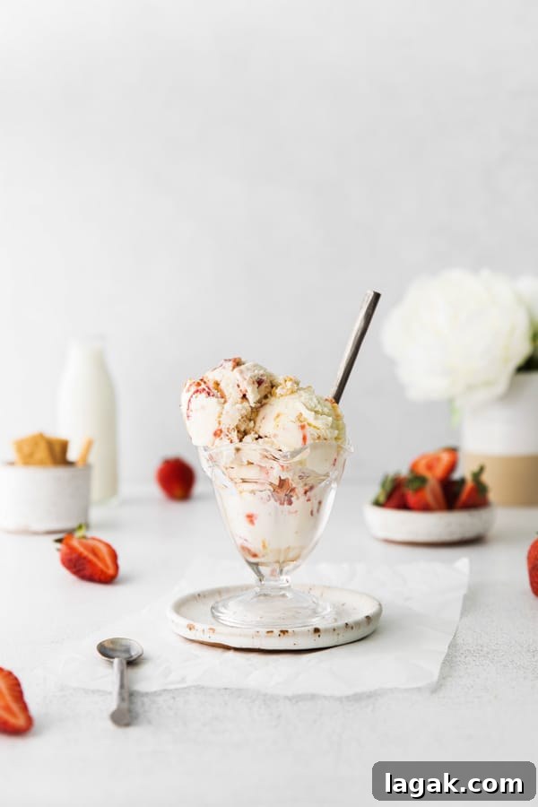 No-Churn Strawberry Cheesecake Ice Cream Recipe 6 strawberry cheesecake ice cream sitting in a bowl with a spoon.