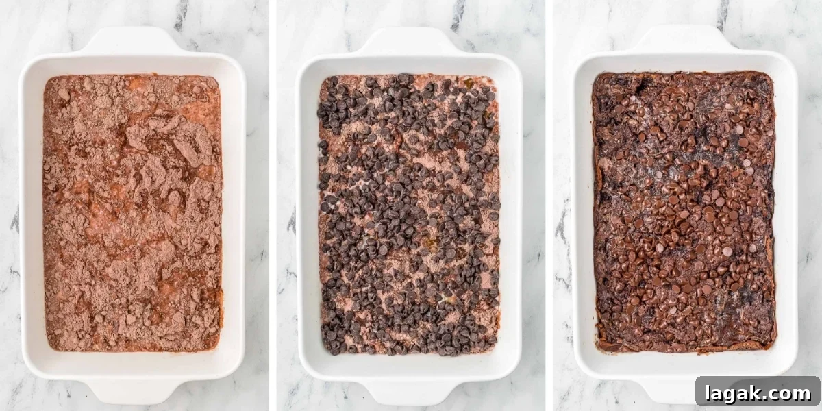Decadent Chocolate Dump Cake Recipe – Quick One-Bowl Dessert 5 overhead shot of dessert assembly