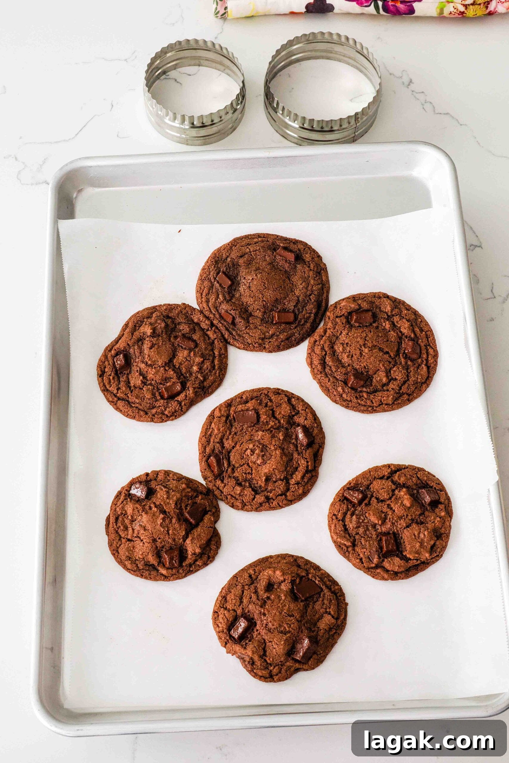 Ultimate Double Chocolate Chip Cookie Recipe for Rich, Gooey Cookies 14 Double chocolate chip cookies before being swirled with a circle cutter.