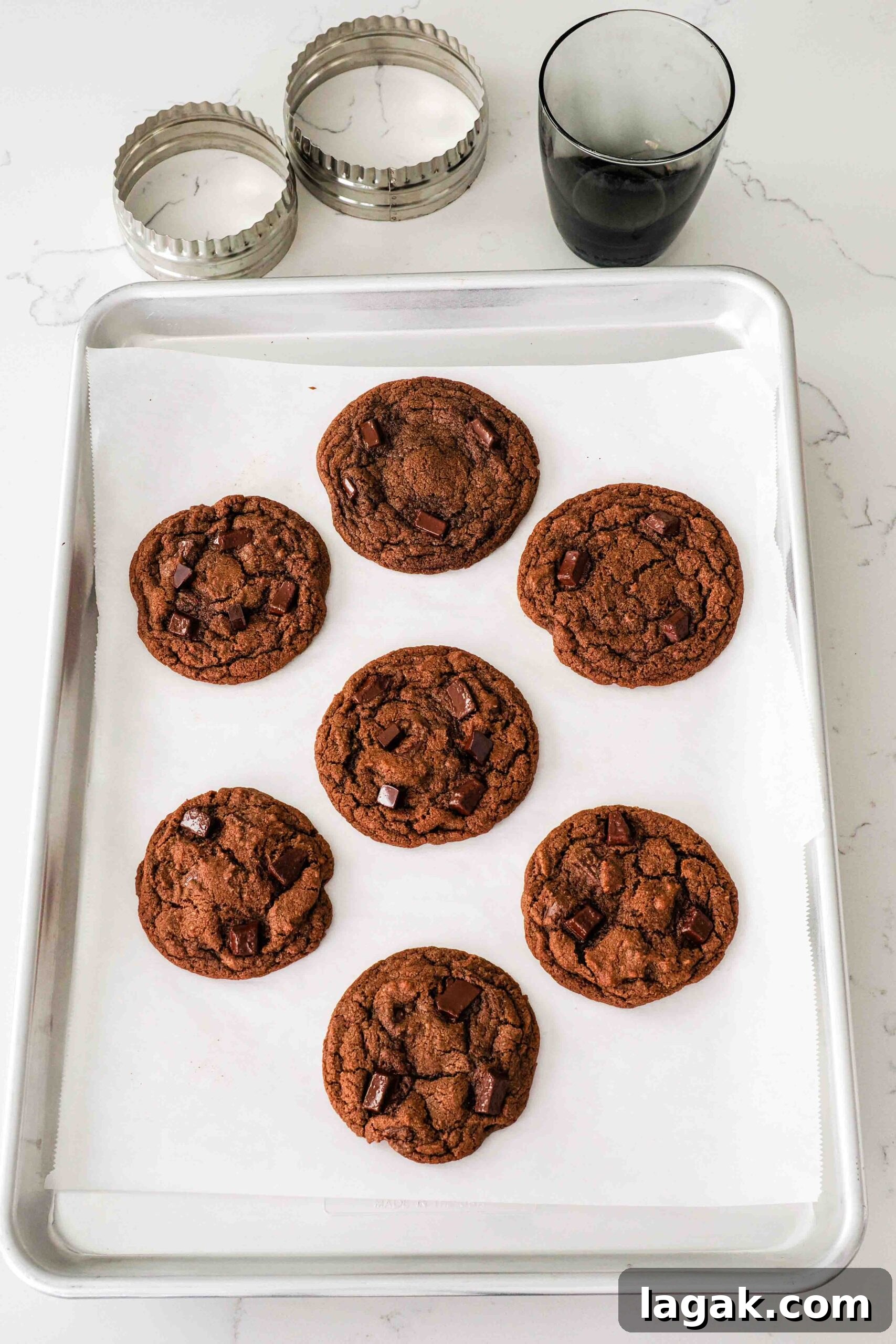 Ultimate Double Chocolate Chip Cookie Recipe for Rich, Gooey Cookies 15 Double chocolate chip cookies after being swirled with a circle cutter.