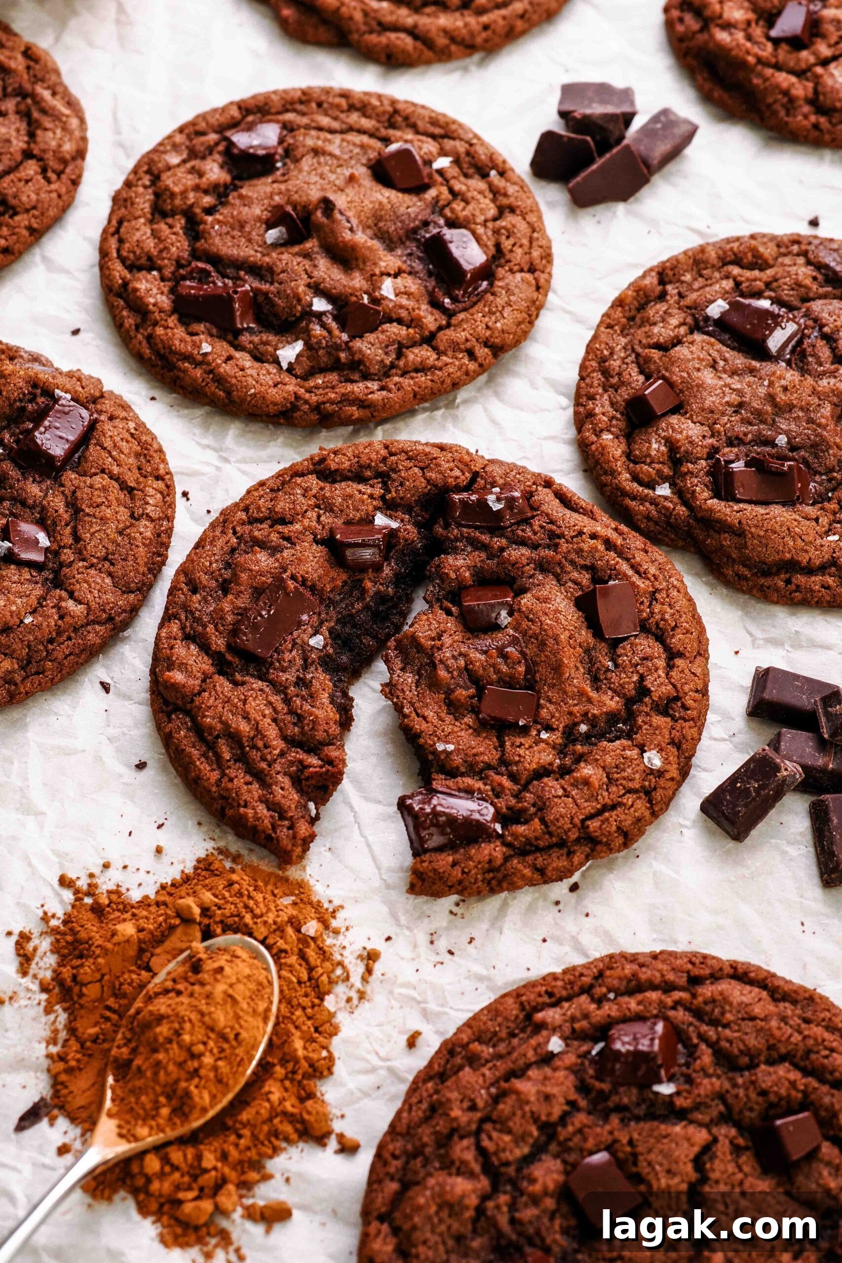 Ultimate Double Chocolate Chip Cookie Recipe for Rich, Gooey Cookies 16 A double chocolate chip cookie broken in half.