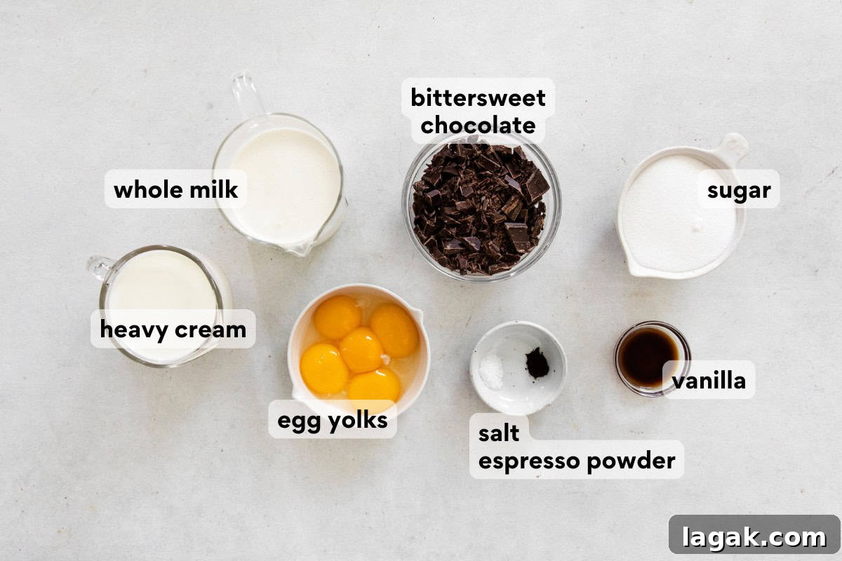 Silky Dark Chocolate Pot de Crème Recipe 4 pot de creme ingredients measured and labeled.