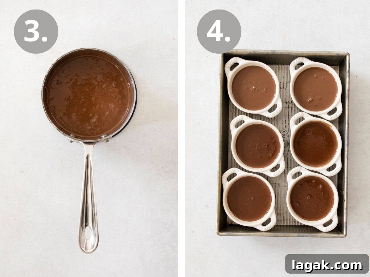 Silky Dark Chocolate Pot de Crème Recipe 6 steps to combine ingredients then bake and chill in the ramekins.