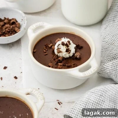 Silky Dark Chocolate Pot de Crème Recipe 8 A cropped photo of dark chocolate pots de creme in ramekins on a countertop, garnished with whipped cream and chocolate shavings.