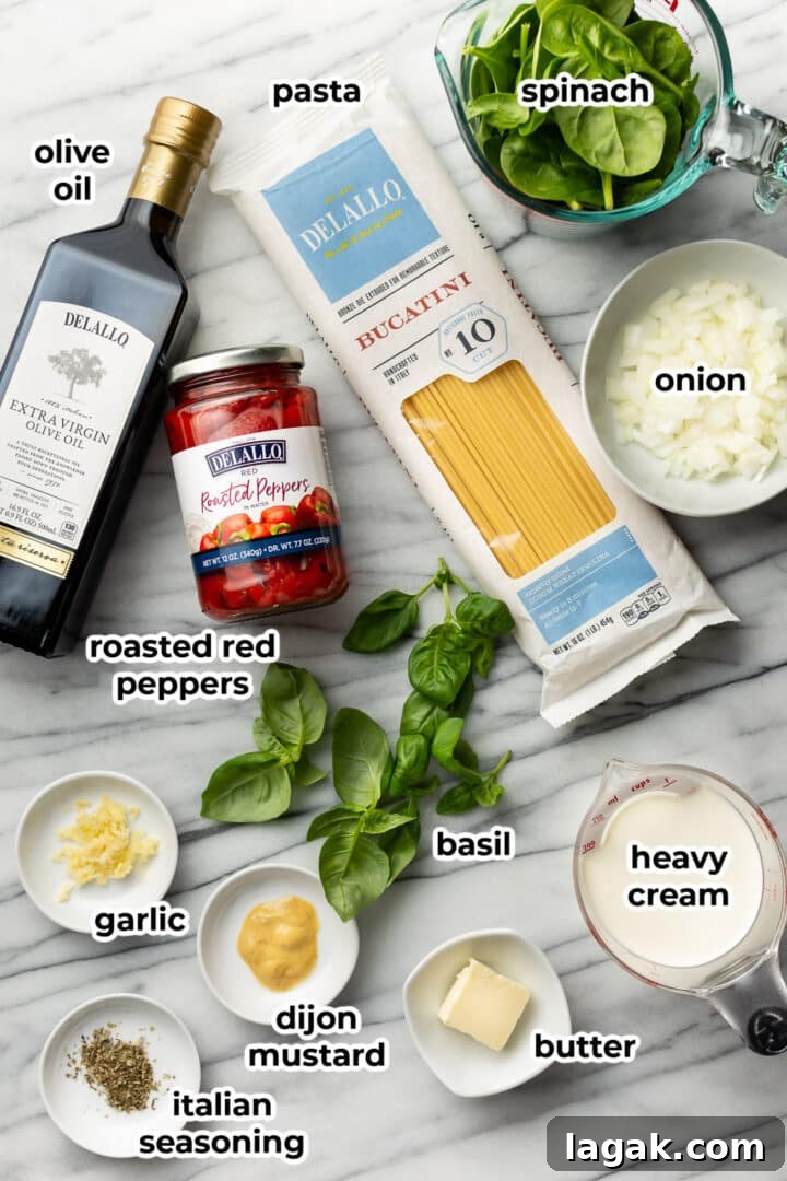 Creamy Roasted Red Pepper Pasta Recipe with Garlic and Basil 3 ingredients for creamy roasted red pepper pasta on a counter