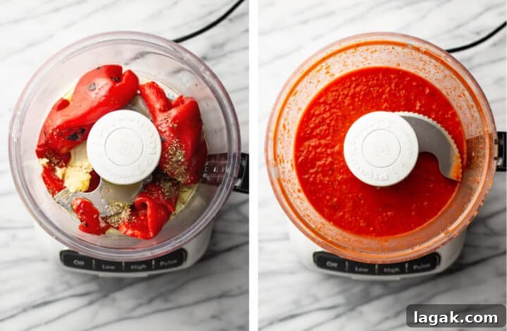Creamy Roasted Red Pepper Pasta Recipe with Garlic and Basil 4 blending roasted red peppers in a food processor