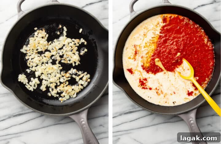 Creamy Roasted Red Pepper Pasta Recipe with Garlic and Basil 5 sauteing onion in a skillet and making roasted red pepper sauce for pasta