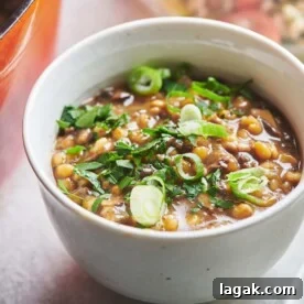 Bowl of Mushroom Barley Soup topped with green onions.