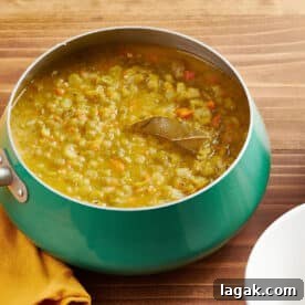 Vegetarian split pea soup in turquoise pot.