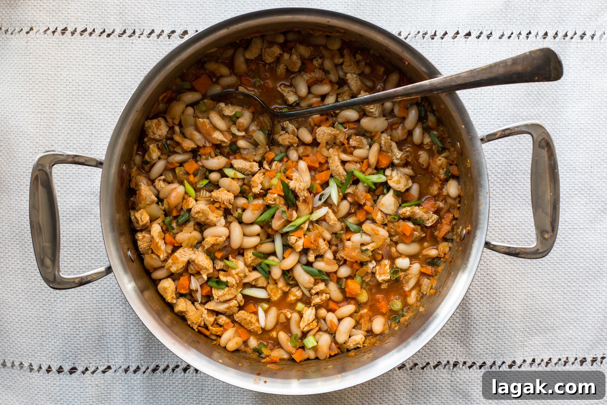 Buffalo Chicken and White Bean Chili in large serving pot.