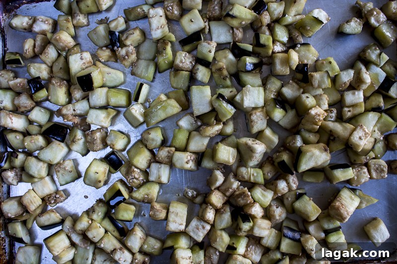 Roasted Eggplant Salad with Meyer Lemon and Ginger Dressing 6 Rub the eggplant cubes with extra virgin olive oil and roast