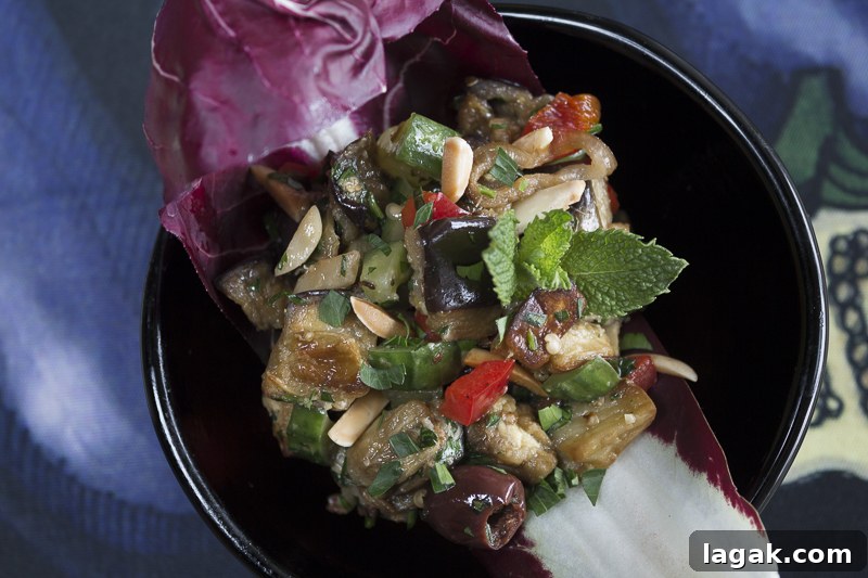 Roasted Eggplant Salad with Meyer Lemon and Ginger Dressing 8 Garnish the salad with toasted nuts for crunch, and mint leaves for a boost of flavor