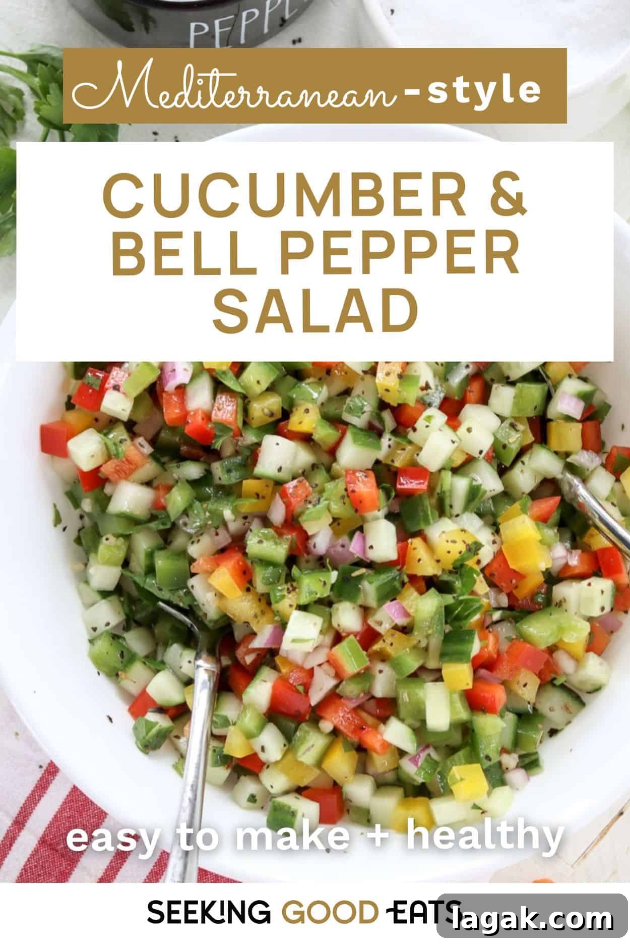 Mediterranean Cucumber and Bell Pepper Salad with Feta and Herbs 7 A white bowl of chopped fresh bell pepper and cucumber salad.