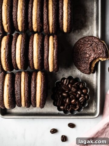 Three rows of sandwich cookies on their sides showing the filling.
