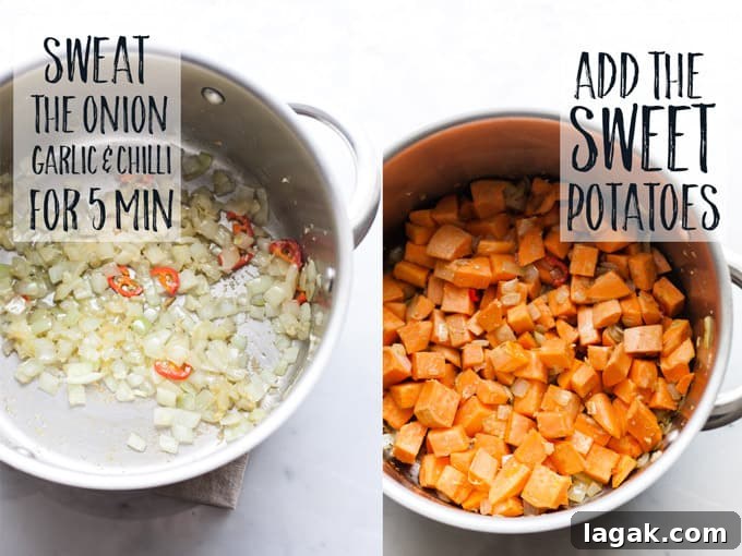 Creamy Sweet Potato and Coconut Soup Recipe for Cozy Nights 3 Step by step photos of the onions and sweet potatoes for soup.