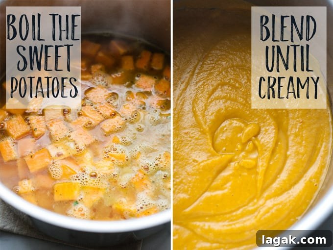 Creamy Sweet Potato and Coconut Soup Recipe for Cozy Nights 4 Creamy sweet potatoes in step by step photos with vegetable broth.