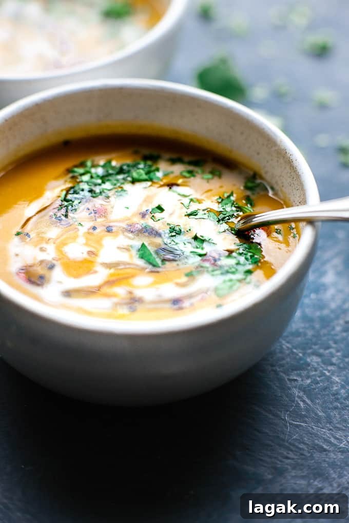 Creamy Sweet Potato and Coconut Soup Recipe for Cozy Nights 5 Sweet potato soup in a bowl with coconut milk and a spoon.