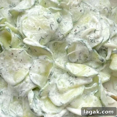 Creamy German Gurkensalat Recipe: Classic Cucumber Salad with Dill 11 Thinly sliced cucumbers covered in a creamy dressing with fresh dill.
