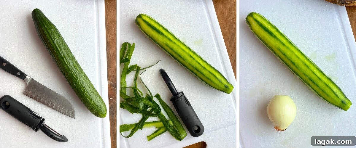 Creamy German Gurkensalat Recipe: Classic Cucumber Salad with Dill 4 A collage of ingredients showing how to peel cucumbers for cucumber salad.