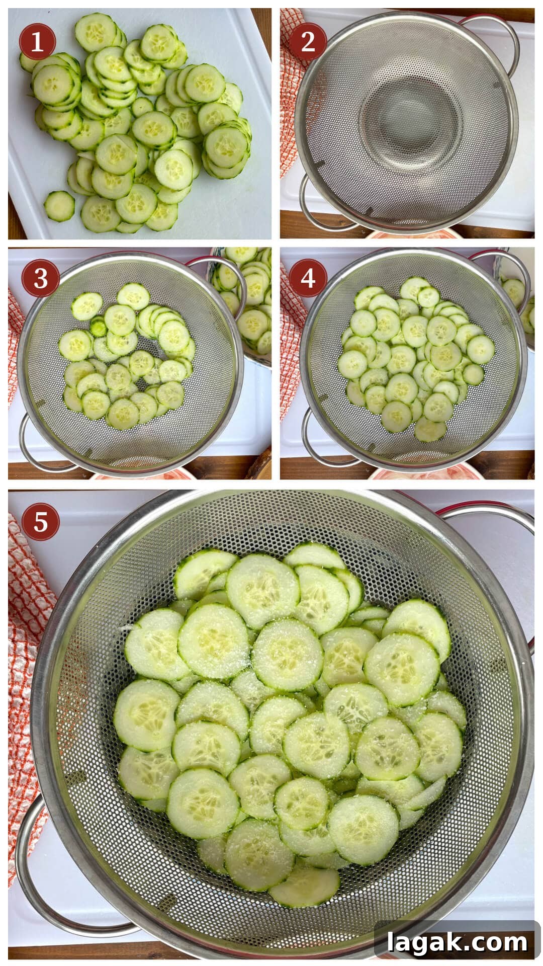 Creamy German Gurkensalat Recipe: Classic Cucumber Salad with Dill 5 A collage of images showing how to sweat cucumbers with salt for cucumber salad.