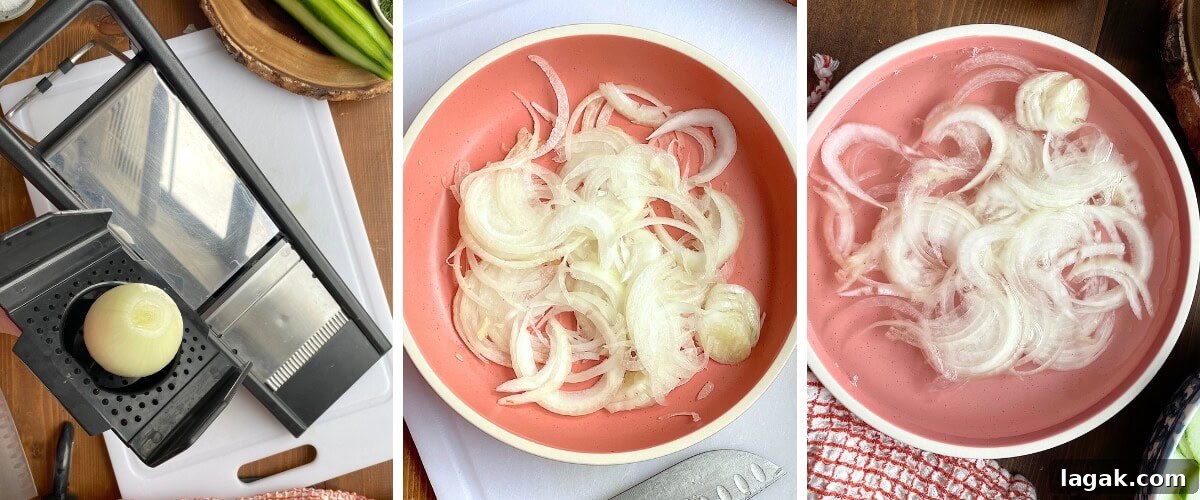 Creamy German Gurkensalat Recipe: Classic Cucumber Salad with Dill 6 A collage of images showing how to slice onions for cucumber salad.