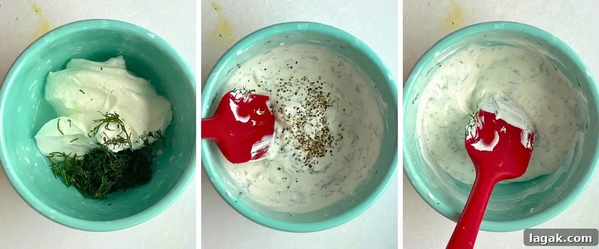 Creamy German Gurkensalat Recipe: Classic Cucumber Salad with Dill 7 A collage of images showing how to mix up the dressing for cucumber salad.