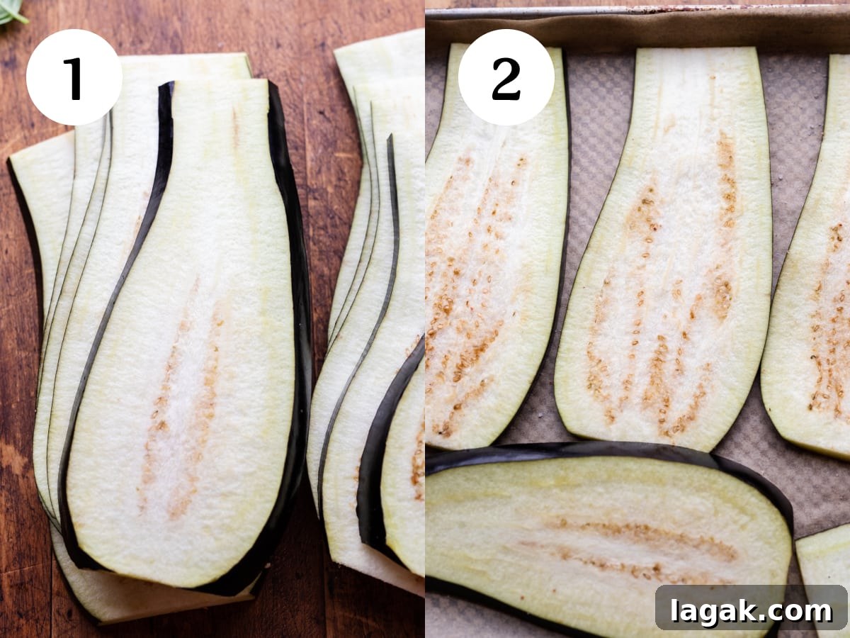 Classic Eggplant Rollatini Recipe — Simple Italian Comfort Food 4 Two photos in a collage showing make eggplant rollatini. The first photo is showing eggplant slices into thin pieces laying on top of one another. The second photo is the eggplant slices laying on a sheet pan.