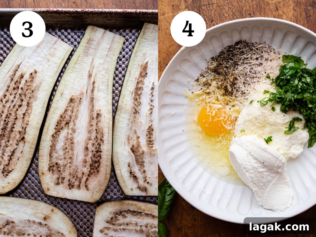 Classic Eggplant Rollatini Recipe — Simple Italian Comfort Food 5 Two photos in a collage showing how to prepare eggplant rollatini. The first photo is eggplant slices cooked on a sheet pan. The second photo is a white bowl with herb ricotta filling ingredients in it on a wooden board.