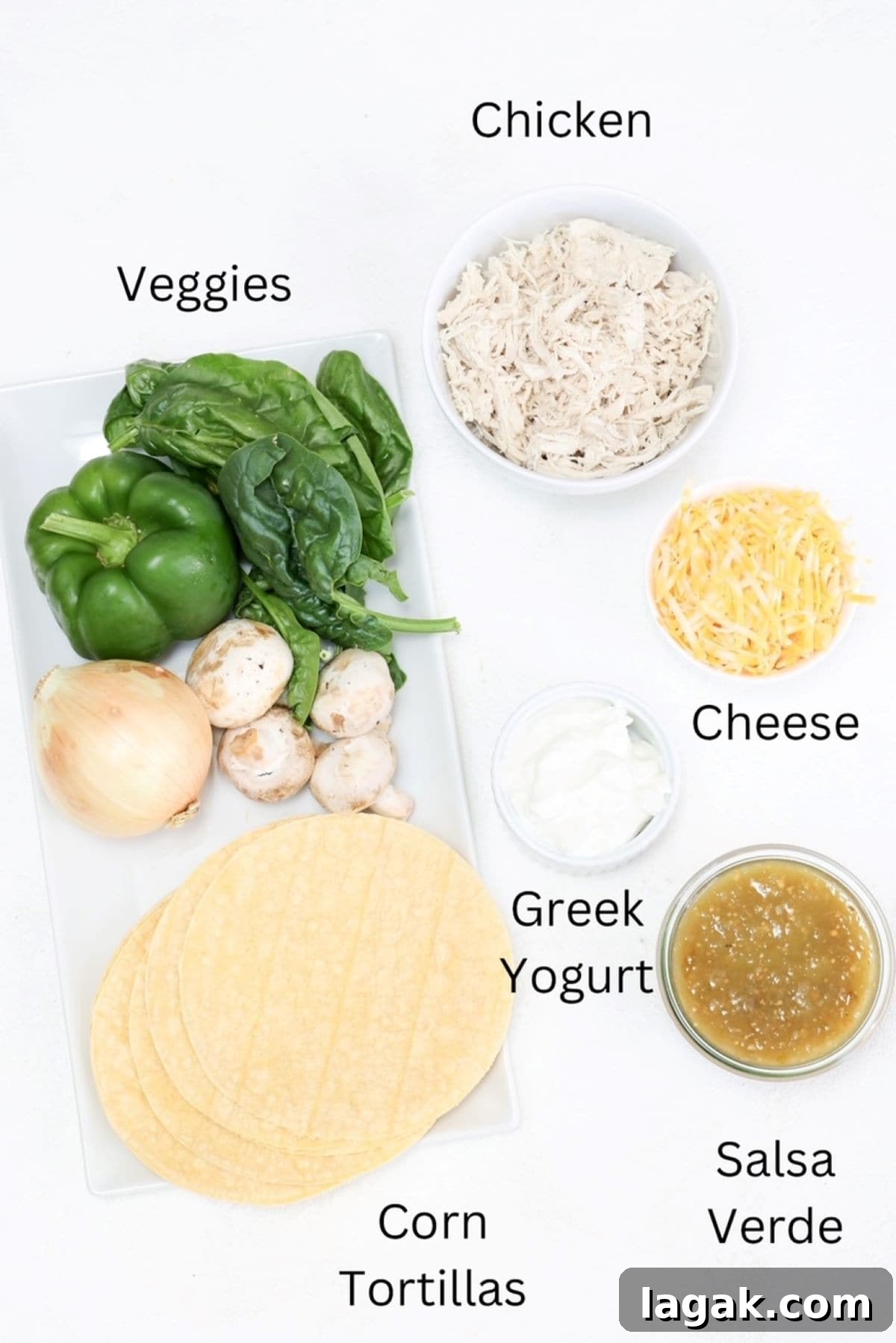 Layered chicken enchilada bake ingredients, labeled.