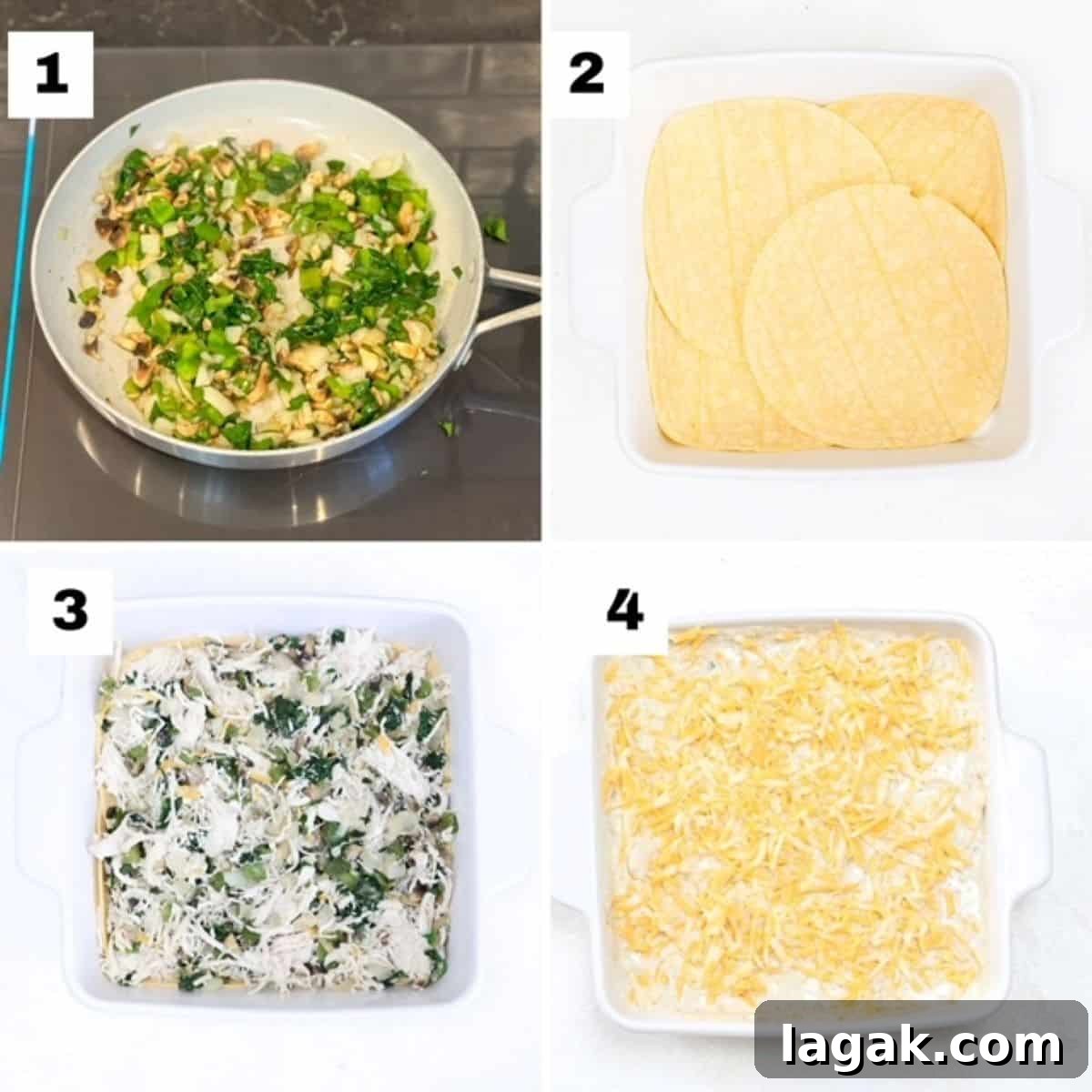 Four numbered images showing how to make a layered enchilada bake.