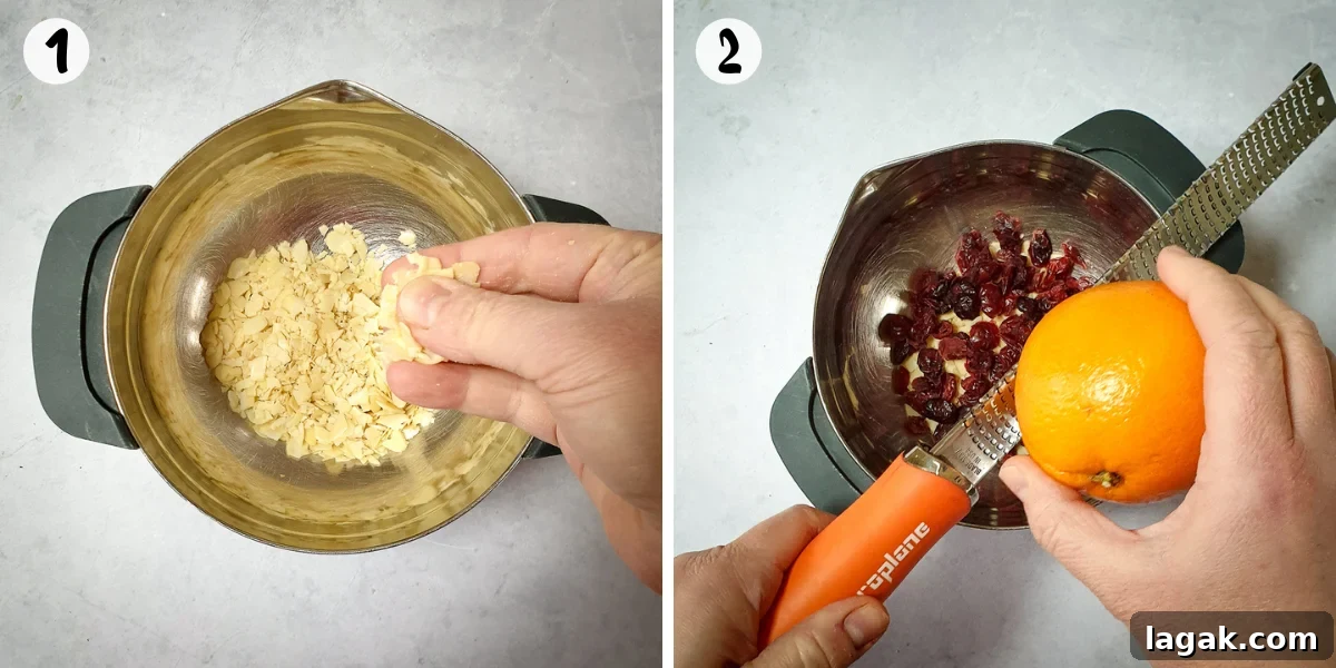 preparing almonds cranberries and orange zest for vegan florentines