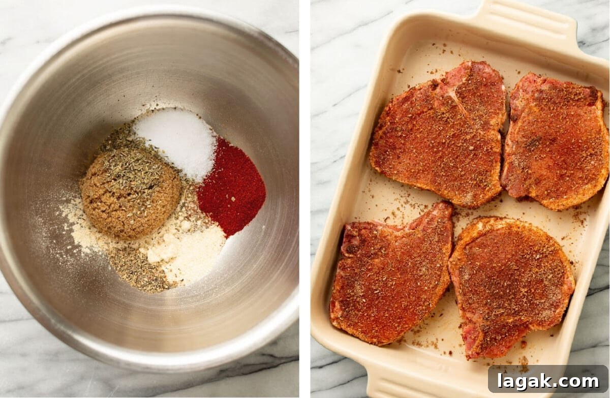 Juicy Oven-Baked Pork Chops with Garlic and Herbs 4 mixing a spice rub in a prep bowl and adding pork chops to a baking dish