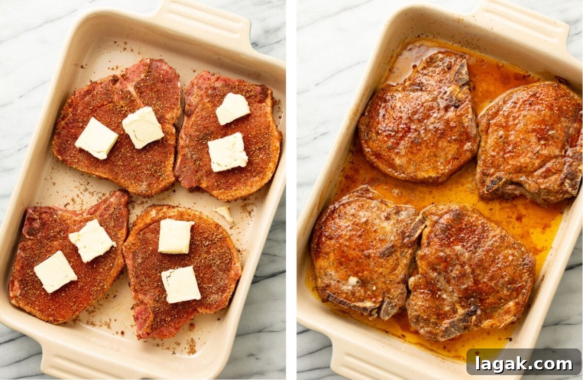 Juicy Oven-Baked Pork Chops with Garlic and Herbs 5 pork chops before and after baking