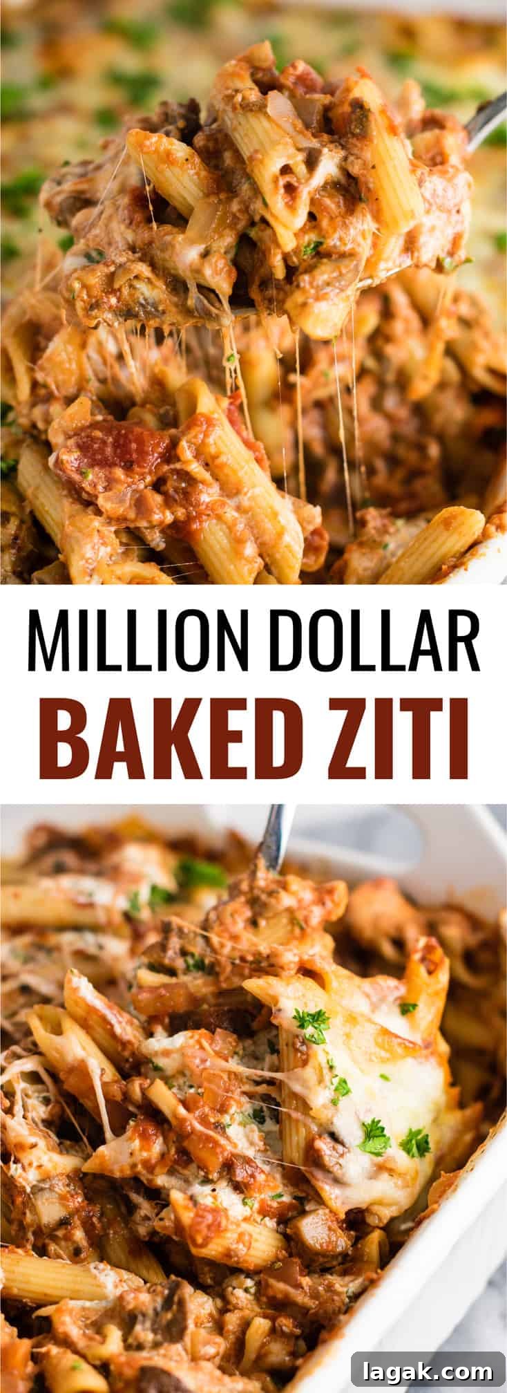 Million-Dollar Meatless Baked Ziti Recipe 17 This Meatless Million Dollar Baked Ziti Recipe is an easy and impressive vegetarian dinner. Full of meaty mushrooms, fresh herbs, and four types of cheese! #meatless #milliondollarziti #bakedziti #vegetarian #dinner