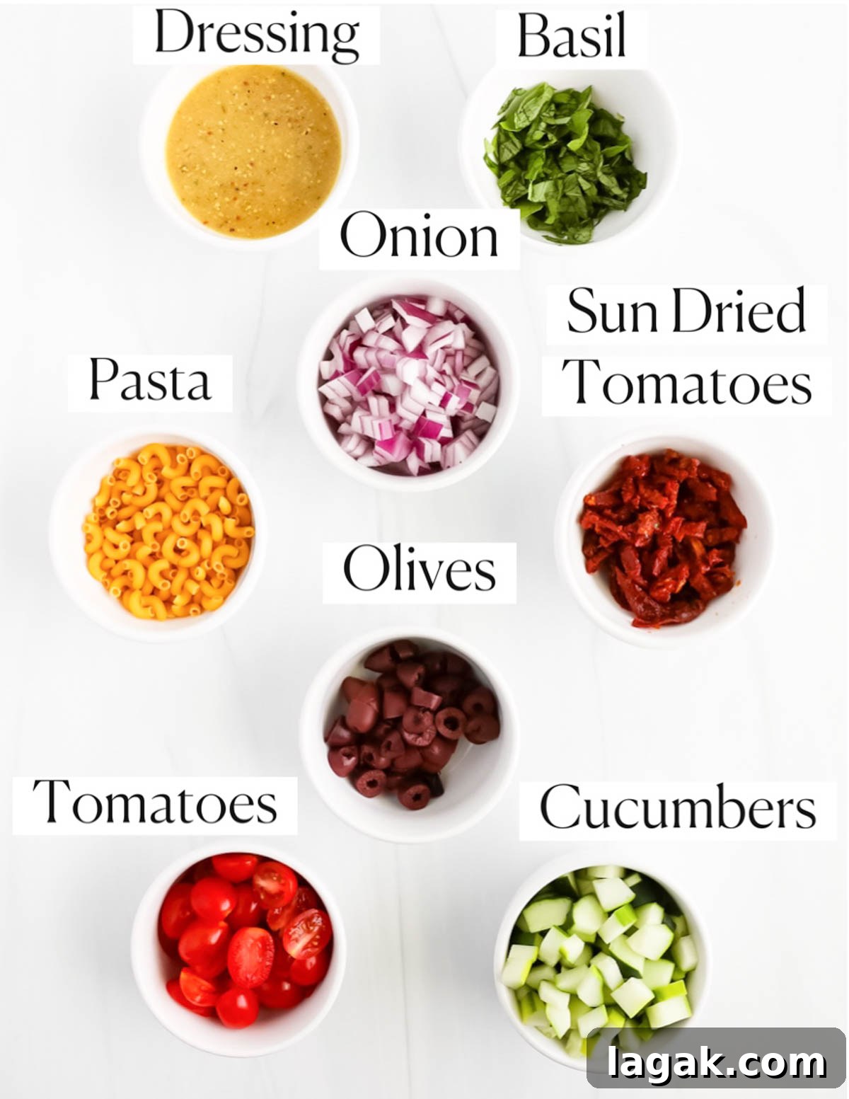 Vibrant Vegan Pasta Salad with Tangy Lemon Herb Dressing 3 Labeled ingredients including: dressing, basil, onion, sun dried tomatoes, pasta, olives, tomatoes, and cucumbers.