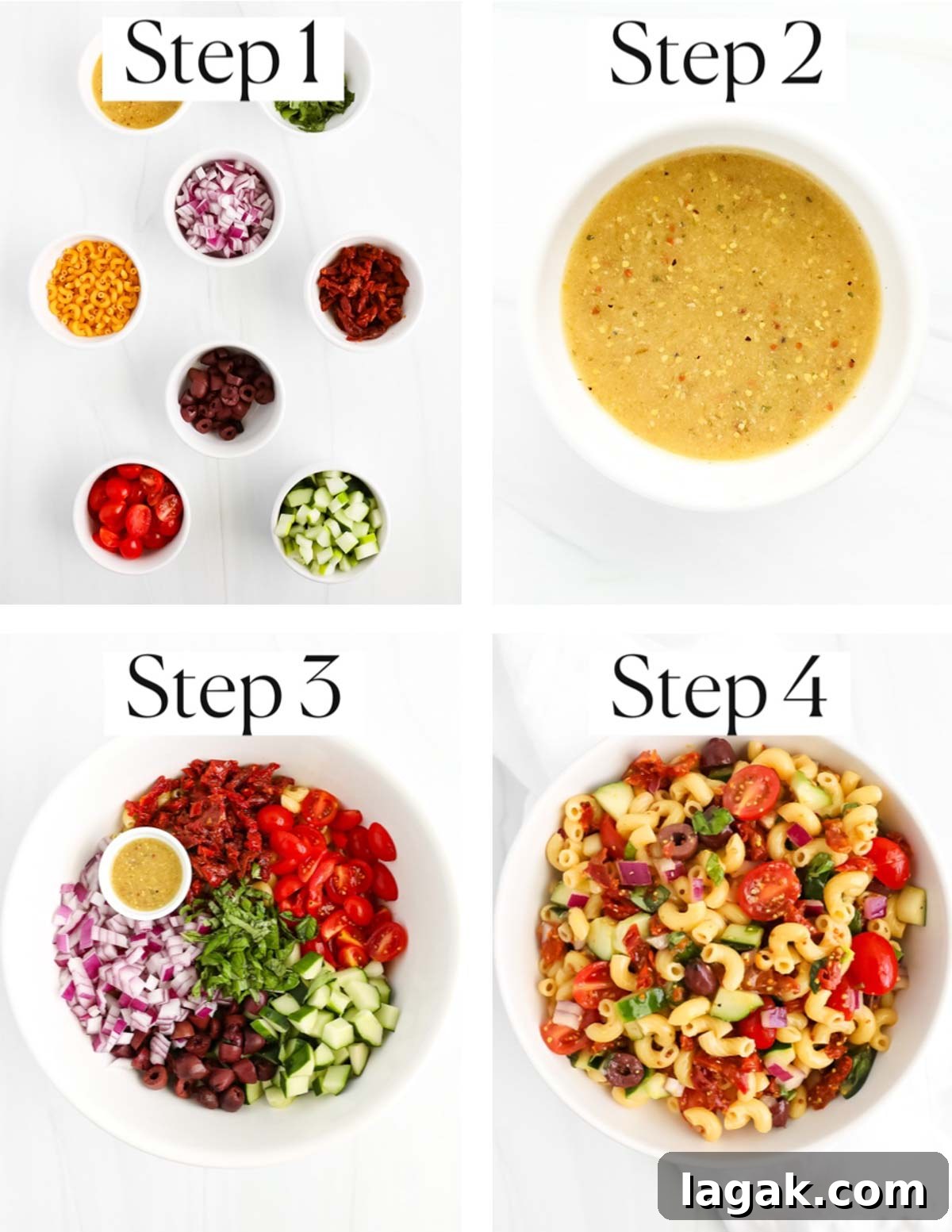 Vibrant Vegan Pasta Salad with Tangy Lemon Herb Dressing 5 A collage of four images labeled, "step 1- step 4". Step 1 has chopped vegetables and ingredients in small white bowls. Step 2 is a white bowl filled with salad dressing. Step 3 is a large white bowl filled with cooked pasta, tomatoes, onion, olives, cucumber, basil, and dressing. Step 4 is the pasta salad mixed together in a large bowl.
