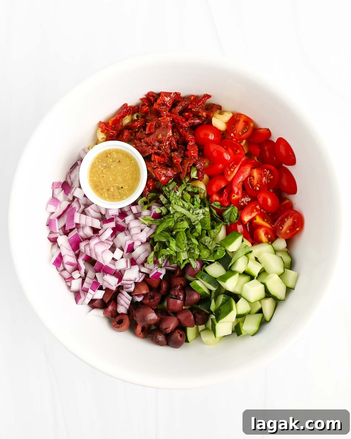 Vibrant Vegan Pasta Salad with Tangy Lemon Herb Dressing 6 A bowl with sections of ingredients including tomatoes, sun dried tomatoes, cucumbers, olives, red onion, basil, and a small white bowl of homemade salad dressing.