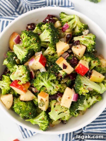 A bowl filled with fresh broccoli, apple slices, dried cranberries, and red onion.