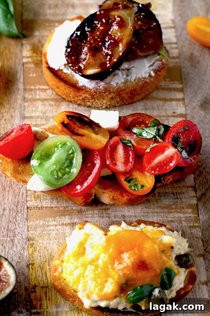 14 Romantic Valentine's Day Recipes to Make at Home 3 Three crostini with different toppings on a wooden board