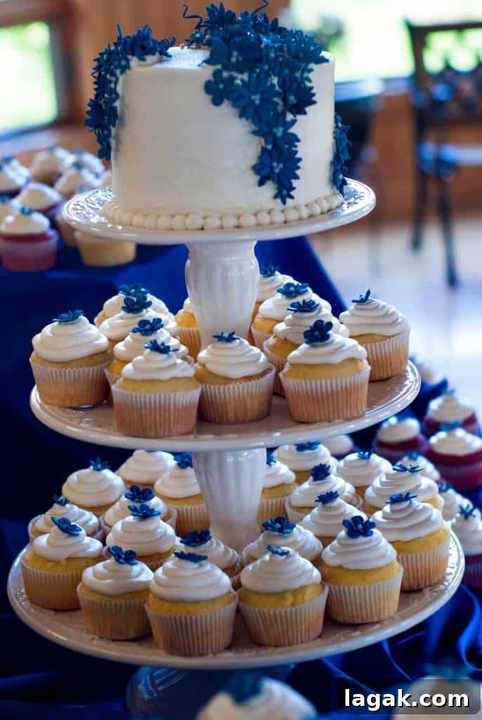 Classic Red Velvet Cupcakes with Cream Cheese Frosting 3 Delicious cake with white frosting and blue flowers surrounded by white cupcakes.