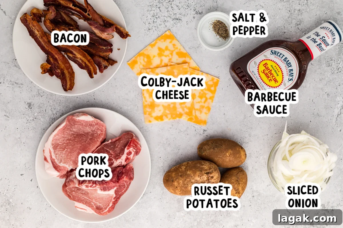 Slow Cooker BBQ Pork Chops with Tender Potatoes 3 overhead of ingredients to make slow cooker barbecue pork chops and potatoes on a table.