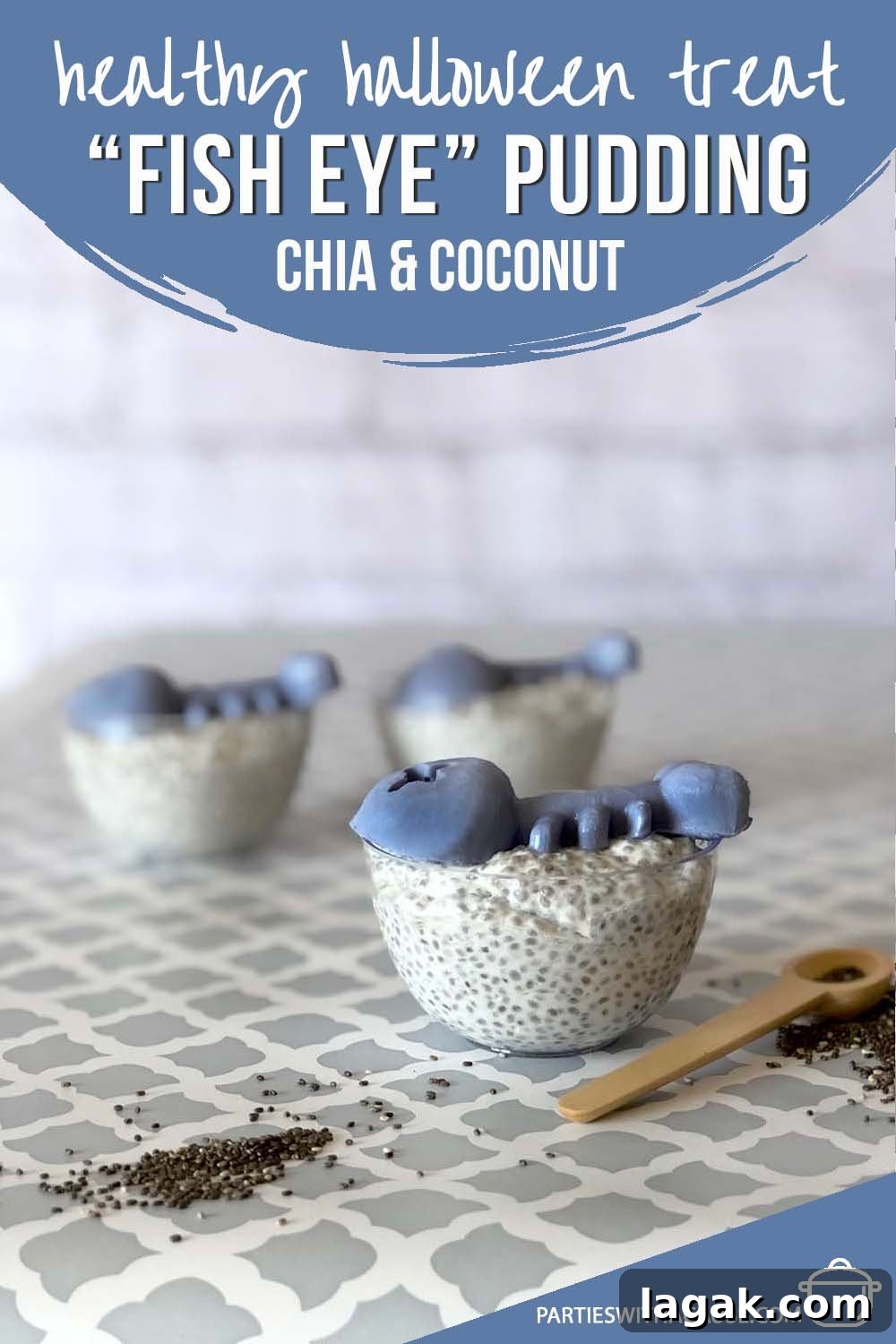 pudding cups with the text healthy Halloween treat fish eye pudding chia and coconut